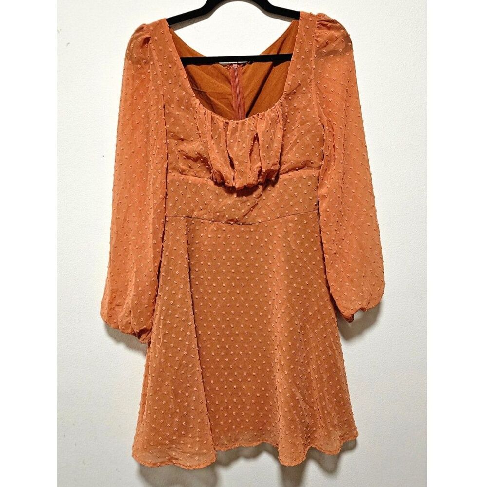 Rust Swiss Dot Long Sleeve Ruffle Mini Dress Fall Sz S